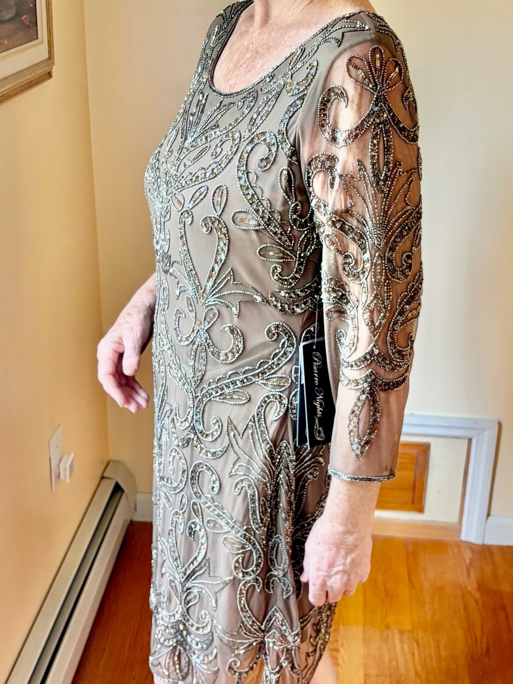 Adrianna Papell Mocha Beaded Sheer Overlay Evening Dress - Picture 2 of 12